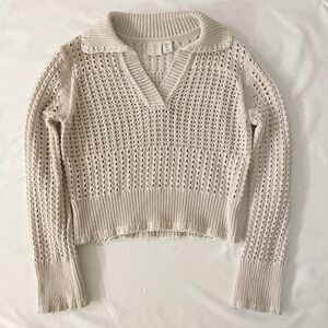 Joie Women's Open Knit Collared Sweater Cream Sz Small Long Sleeve